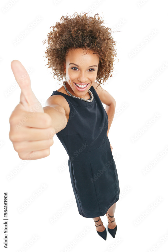 Success, leader and black woman thumbs up portrait with proud smile and vote in corporate style. Yes, approval and agreement sign of confident business person at isolated studio white background.