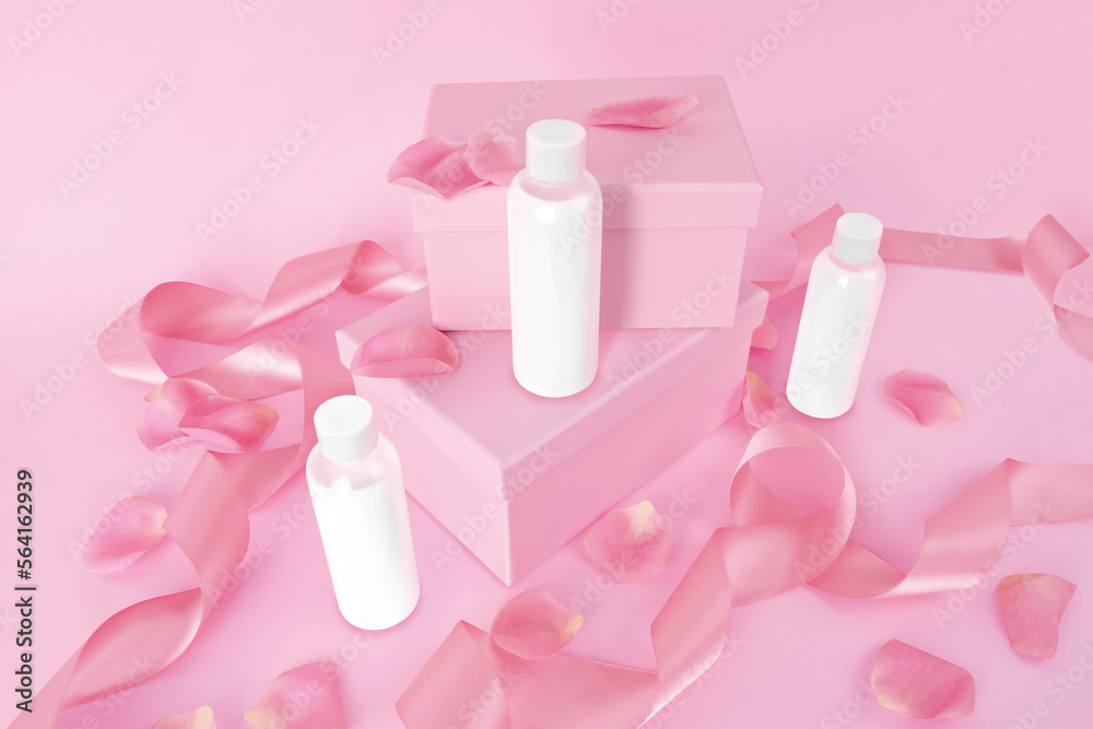 Valentine's Day styled photography mockup of white bottles on a pink background with pink lint, pink petals and boxes. Valentine's Day styled photography mockup of white bottles on a pink background with pink lint, pink petals and boxes.