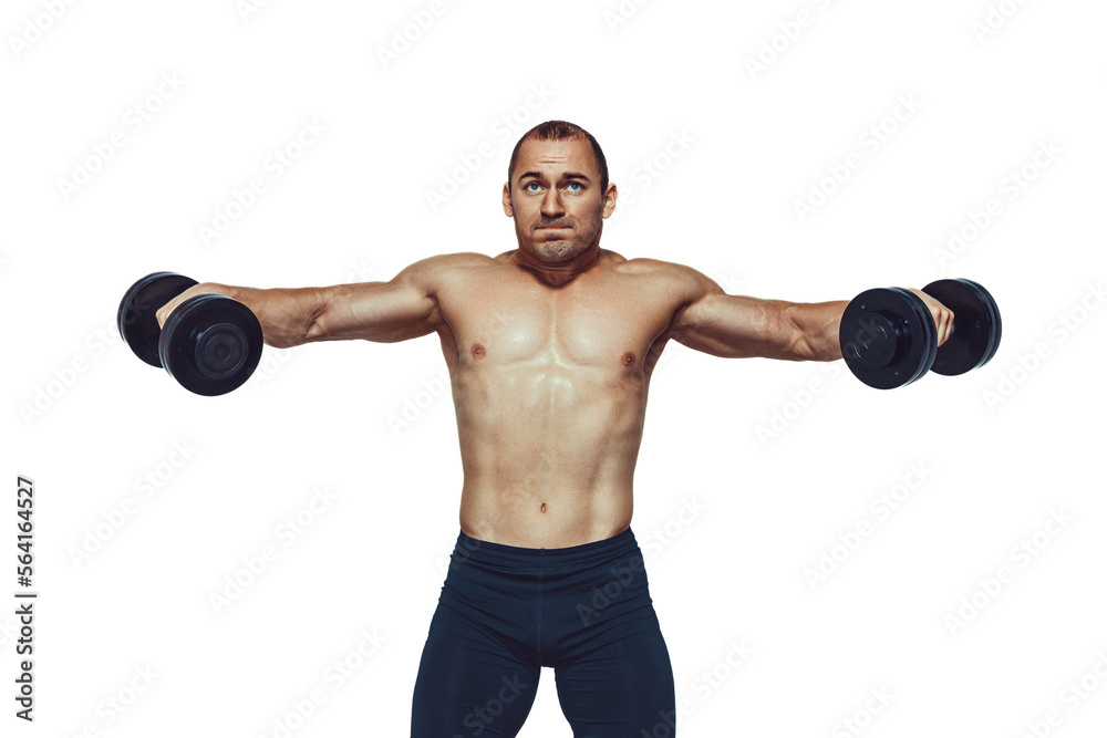 Front view of athletic muscular man doing exercises with dumbbells isolated on white background