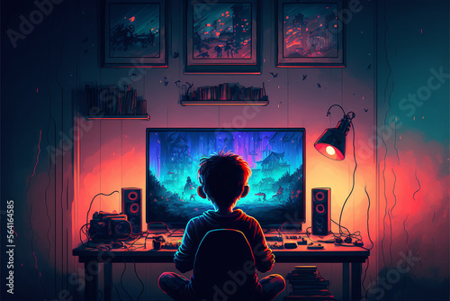 Young boy playing video games in his bedroom created with generative AI