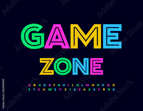 Vector colorful emblem Game Zone with bright funny Font. Trendy Alphabet Letters, Numbers and Symbols set