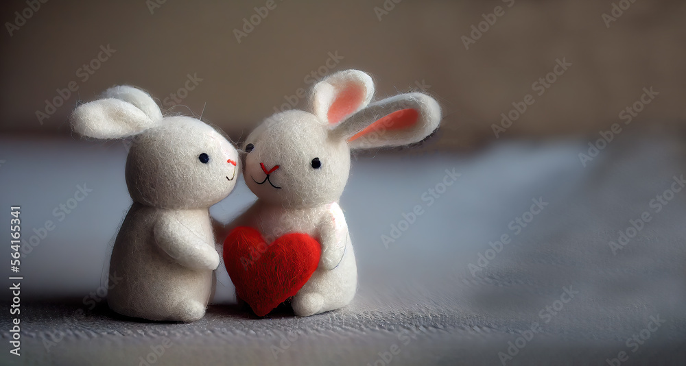 Fototapeta premium Two rabbits in love with red heart, felted, sitting together on Valentine's day. With background isolated. Copy space. Generative AI