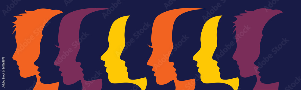 Vector abstract banner with human heads, teamwork and diversity concept. Marching group of people.