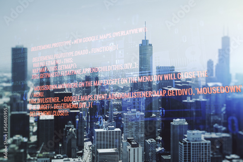 Multi exposure of abstract software development hologram on Chicago skyscrapers background, research and analytics concept