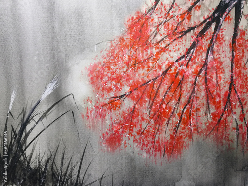 watercolor painting night red leaf tree landscape asian