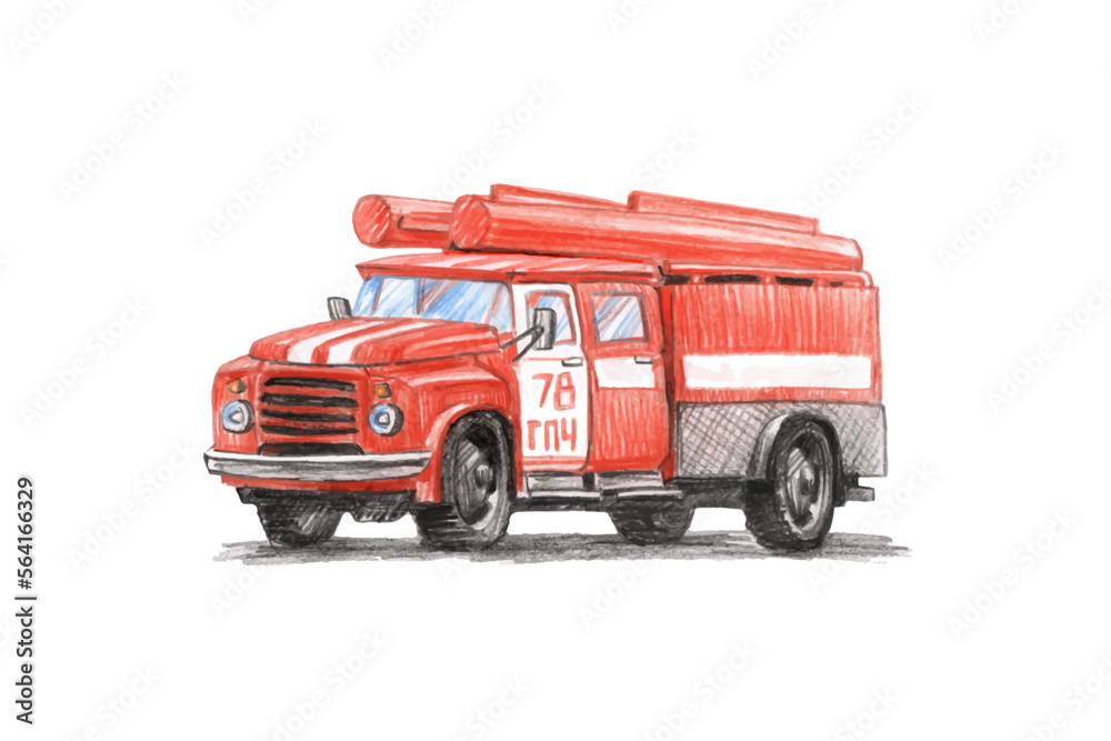 Soviet red fire truck of the 80s with a ladder. Vector illustration on a white background. Drawing with colored pencils.
