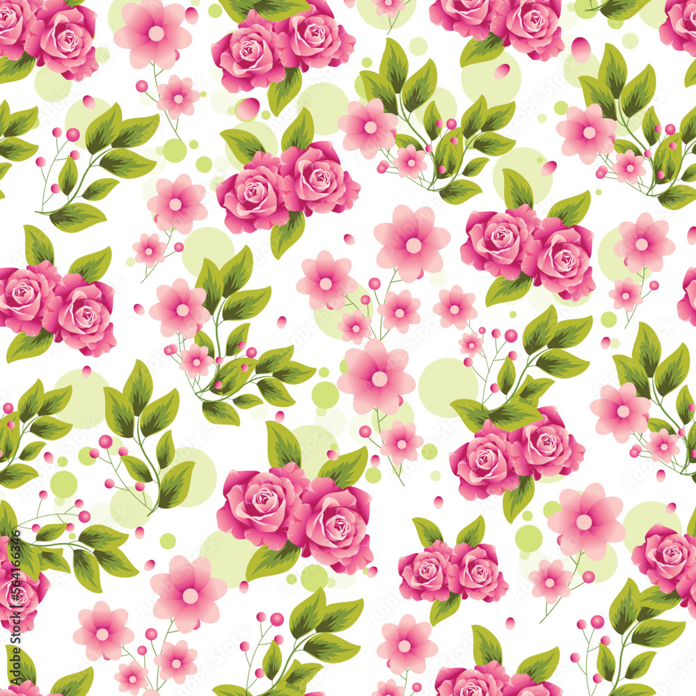 Seamless pattern with spring flowers and leaves. Hand-drawn background. floral pattern for wallpaper or fabric. Flower rose. Botanic Tile.