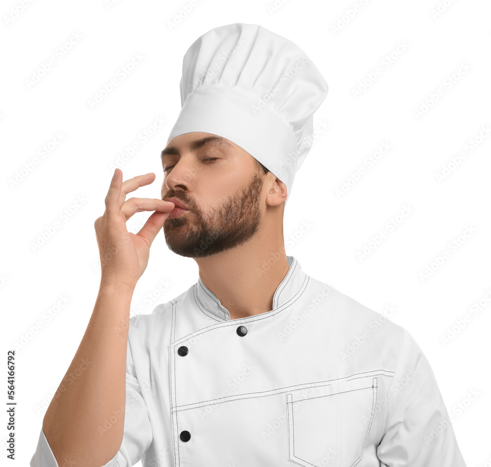 Mature chef showing delicious gesture on white background Mature chef showing delicious gesture on white background
