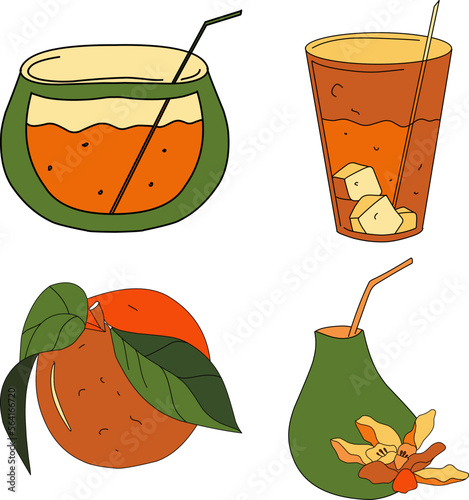 Set of natural orange juices in a glass with a straw. Fresh squeezed juice with oranges. Healthy organic food. Vector cartoon flat illustration Isolated on white background.