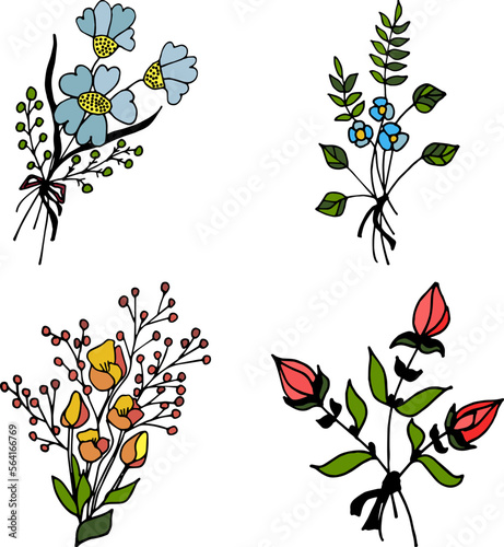 Set of field and meadow wild flowers. Botanical design elements of blooming wildflowers with leaves. Floral clip art sprigs. Decorative herb plants. Colored flat vector illustration isolated on white