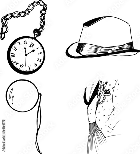 Vintage gentleman's accessories, gentleman clipart, hand drawn illustrations, chain watch, pocket watch, monocle, hat, jacket, suit, costume