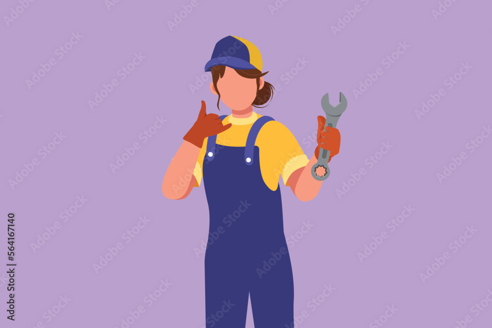 Cartoon flat style drawing attractive female mechanic holding wrench with call me gesture and ready to perform maintenance on the vehicle engine or transportation. Graphic design vector illustration