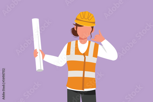 Character flat drawing female architect wearing vest and helmet with call me gesture, carrying blueprint paper for the building work plan. Builder on work at site. Cartoon design vector illustration