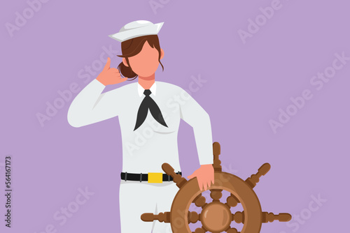 Cartoon flat style drawing bravery sailor woman with call me gesture ready to sail across seas in ship that is headed by captain. Female sailor travel across ocean. Graphic design vector illustration
