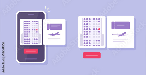 Flight seats in air plane buy choose phone app vector ui design or cellphone airplane tickets booking mobile application on smartphone screen graphic, selecting airline places online image modern