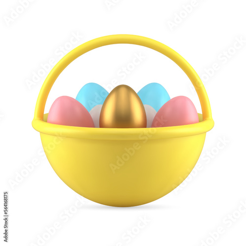Easter yellow rounded basket with handle filled painted colored chicken eggs 3d icon vector