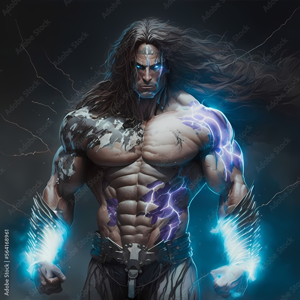a very strong big muscular man with the power of thunderbolt in the hand created with AI Generation technology
