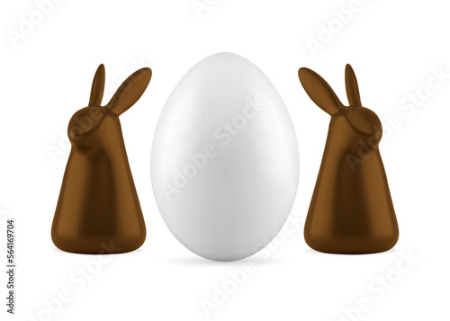 Easter white chicken egg with chocolate rabbit bauble holiday decorative element 3d icon vector