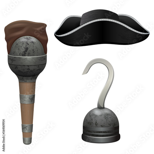 A cocked hat set, an element of clothing for pirates and sailors, a pirate leg crutch and a hook for a prosthesis - elements of a carnival pirate costume