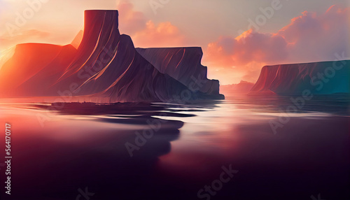 render, futuristic landscape with cliffs and water