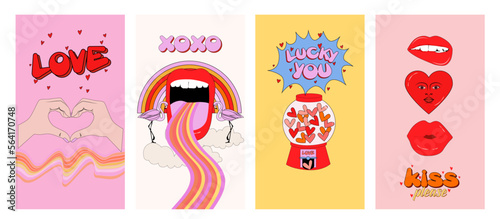 Retro nostalgic social media template. Romantic background. Love you card in 70s, 80s, 90s style. Editable vector illustration.