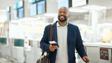 African businessman, ticket and luggage at airport with excited smile, focus and happy business trip. Corporate black man, passport or paperwork for international travel, immigration or air transport