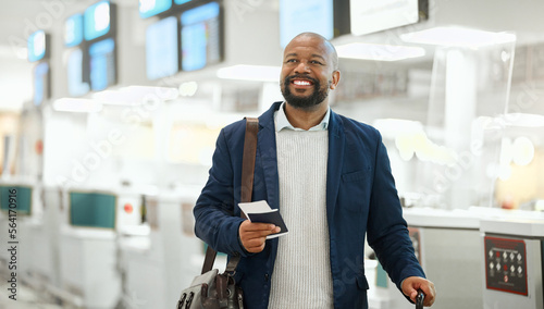 African businessman, ticket and luggage at airport with excited smile, focus and happy business trip. Corporate black man, passport or paperwork for international travel, immigration or air transport photo