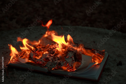 A burning book on the ground photo