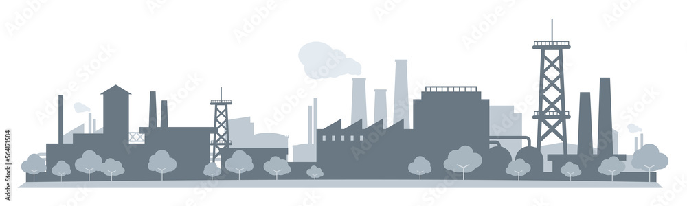 Industrial factories silhouette outline shadow with trees background blue monochrome isolated
