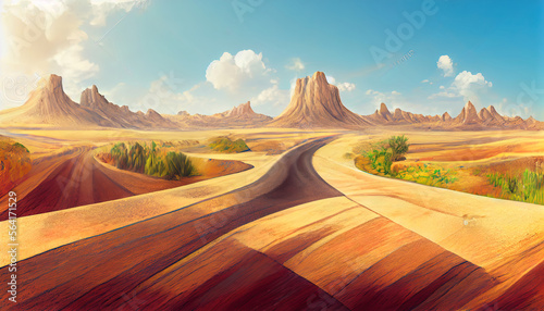 Travel and vacation background  3d illustration with cut of the ground and the desert road