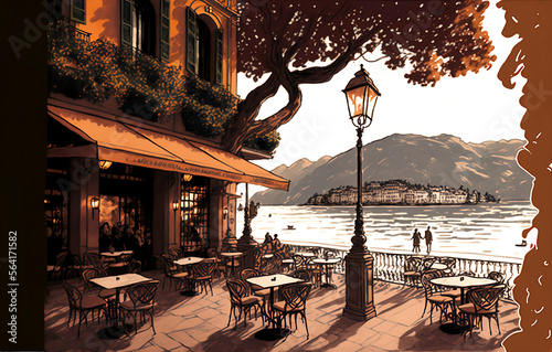 Italian cafe overlooking Lake Como photo