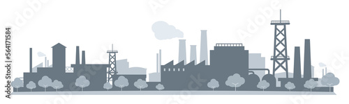Leinwand Poster Industrial factories silhouette outline shadow with trees background blue monoch