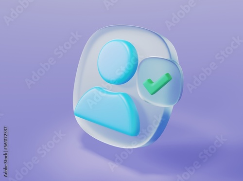 Person icon with check mark in glassmorphism style on isolated background 3d rendering	