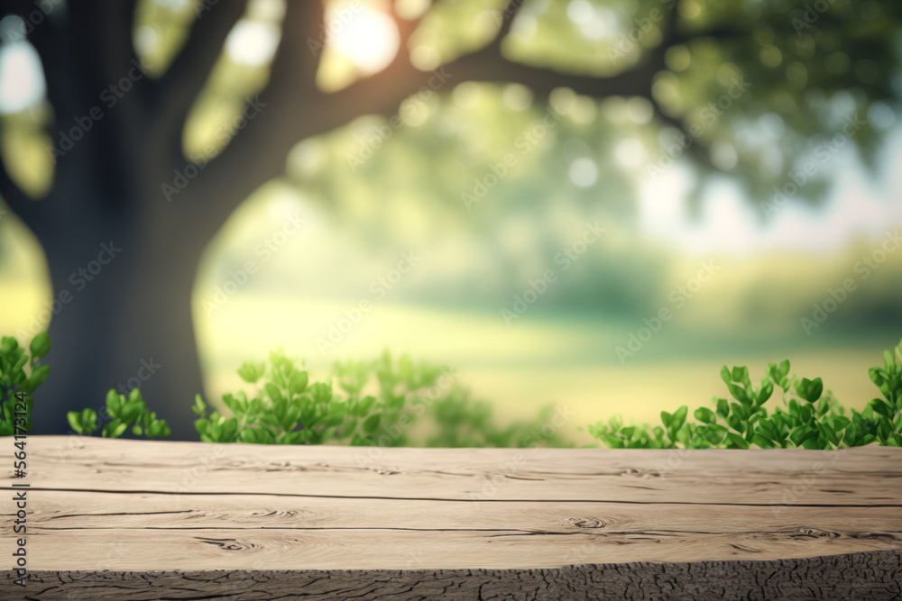 Copy space of tabletop on blur park spring season tree abstract background. Product presentation on nature and environment concept. Generative AI