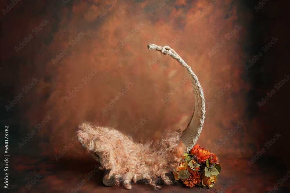 Newborn composite rust red orange Autumn color background backdrop with rustic boho moon flowers and fur flokati