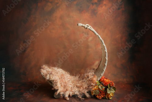 Fotografi Newborn composite rust red orange Autumn color background backdrop with rustic b