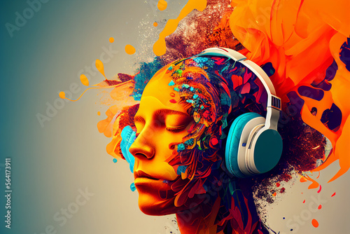 Creative music background. Colorful head wearing headphones on bright background. Sound inspiration and emotions. Created with Generative AI