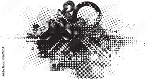 Glitch distorted grunge layer with a textures, lines, halftone dots, brush strokes, stripes, spots . Trendy defect shapes . Overlay grunge texture . Distressed effect .Vector screen print texture.