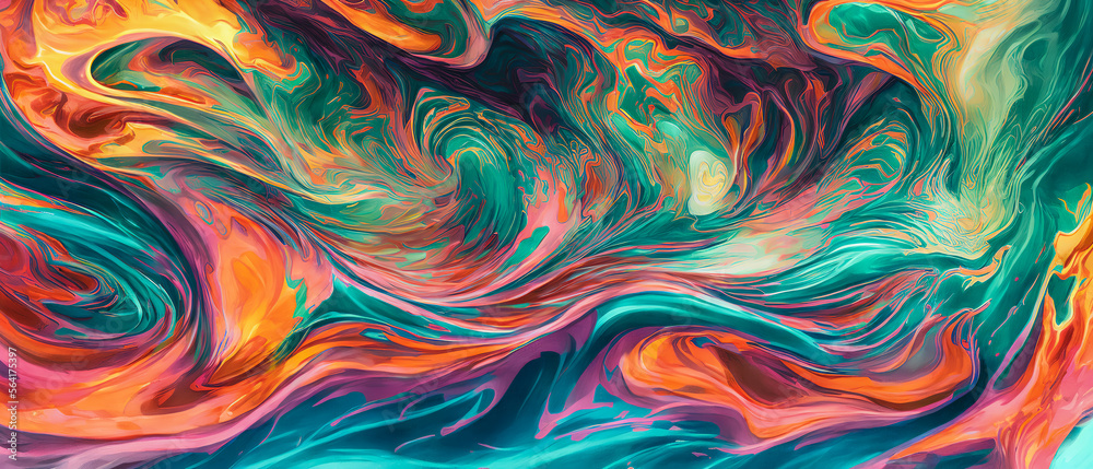An abstract painting depicts a wave of the sea against a backdrop of a burning sky.  The contrast creates a sense of tension. Generative AI