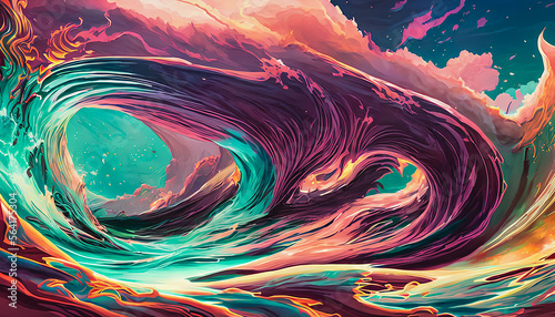 An abstract painting depicts a wave of the sea against a backdrop of a burning sky. The contrast creates a sense of tension. Generative AI