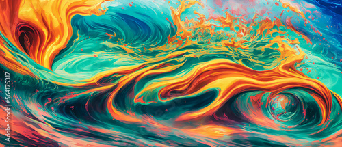 An abstract painting depicts a wave of the sea against a backdrop of a burning sky. The contrast creates a sense of tension. Generative AI