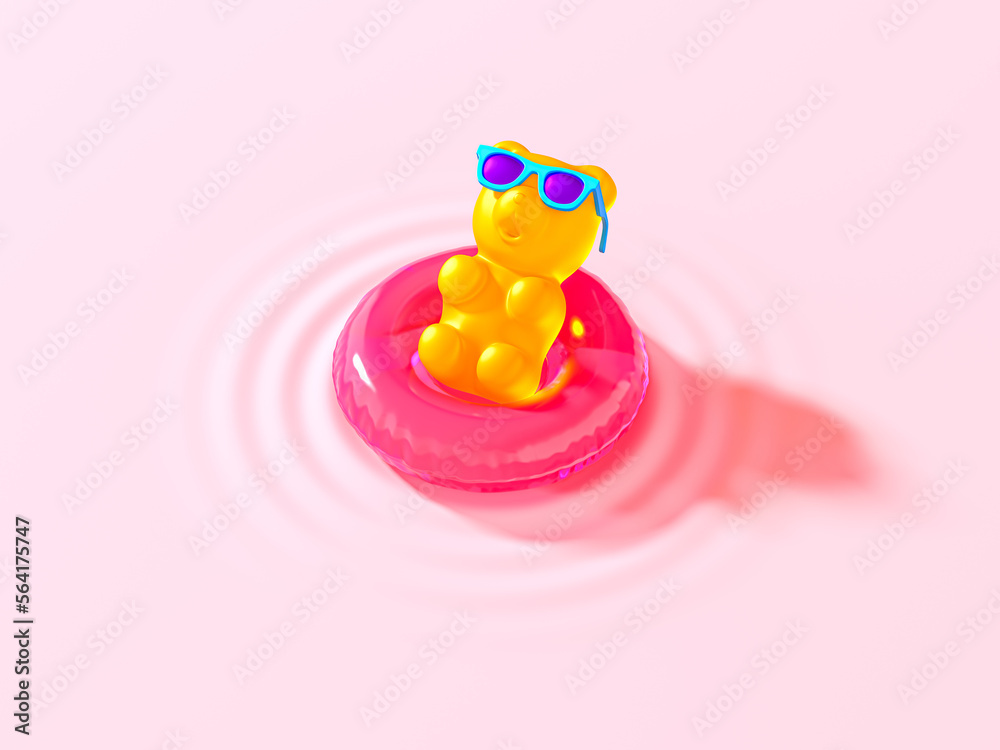 Inflatable circle with gummy bear on a pink pastel background. Summer vacation concept. Minimal abstract wallpaper concept. Velvet season. Flat lay. 3d render Inflatable circle with gummy bear on a pink pastel background. Summer vacation concept. Minimal abstract wallpaper concept. Velvet season. Flat lay. 3d render