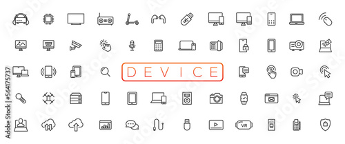 Device and technology line icon set. Electronic devices and gadgets, computer, equipment and electronics. Computer monitor, smartphone, tablet and laptop sumbol collection