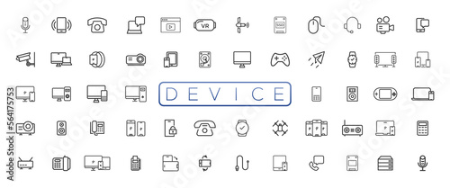 Device and technology line icon set. Electronic devices and gadgets, computer, equipment and electronics. Computer monitor, smartphone, tablet and laptop sumbol collection