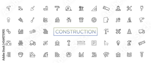 Modern Construction Site Icon Collection – Engineering, Architecture, Heavy Equipment, Safety, Worker, Tools – Vector, Outline, Line, Minimal Illustration