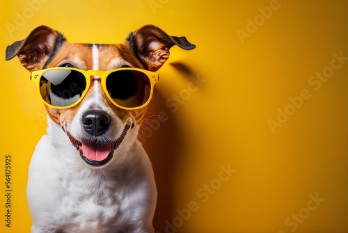 A funny dog ​​dressed sunglasses on the yellow or illuminating background. Summer holidays concept. Generative AI. © Gassenee