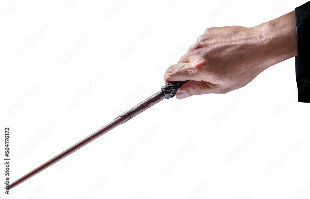 Hand holding Magic wand Wizard tool  on white background PNG File.