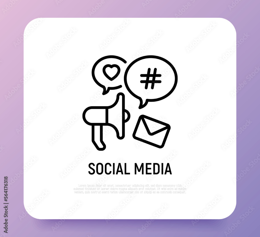 Social media marketing thin line icon: megaphone with speech bubbles that contains hashtag, e-mail, heart. Digital strategy. Vector illustration. Social media marketing thin line icon: megaphone with speech bubbles that contains hashtag, e-mail, heart. Digital strategy. Vector illustration.