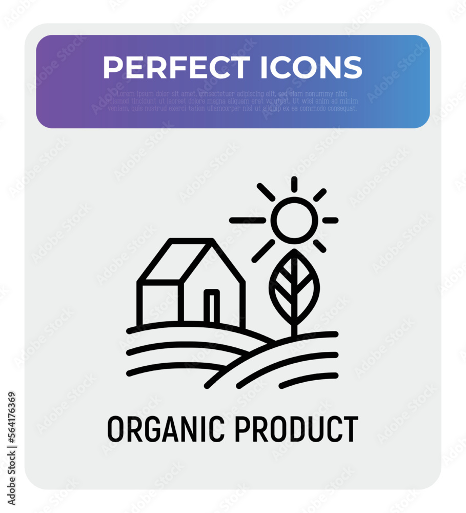 Fototapeta premium Organic product thin line icon. Farmer's house in field. Modern vector illustration.