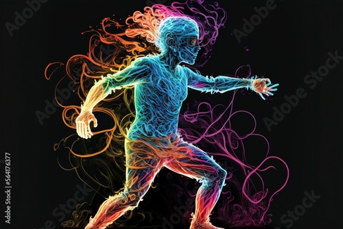 Neon dancers with fire in the dark, figurative art, dynamic pose, flickering light, Illustration, Generative AI 